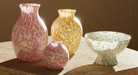 Exquisite hand blown glass vases and bowl in soft pastel hues create a serene and elegant home decor display