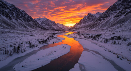 Stunning winter valley panorama at sunset with vibrant orange sky reflecting on a winding icy river between snow-covered mountains.
