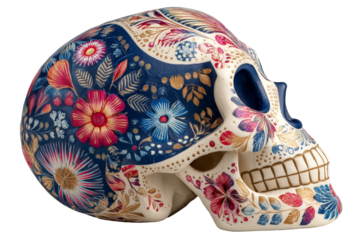 Colorful decorative skull with intricate floral patterns, showcasing vibrant hues and artistic design, representing cultural heritage and celebration of life and death. Day of the Dead