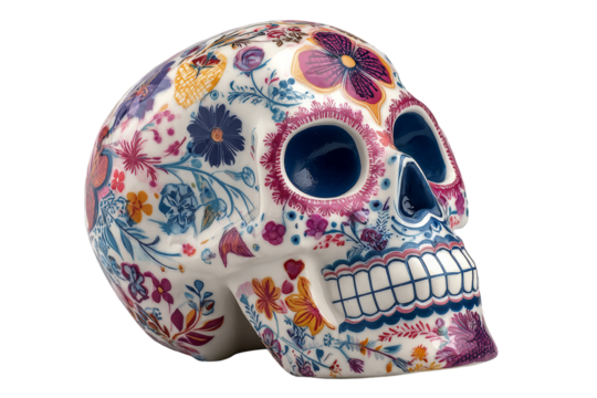 Colorful decorative skull adorned with intricate floral patterns, showcasing vibrant hues and artistic craftsmanship, representing cultural significance and artistic expression. Day of the Dead - Powered by Adobe