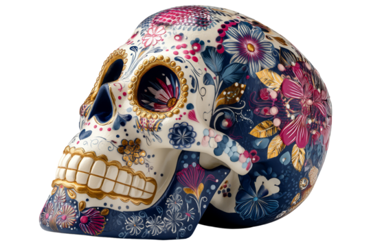 Colorful decorative skull featuring intricate floral patterns and vibrant designs, showcasing traditional craftsmanship and cultural artistry in a striking visual display. Day of the Dead