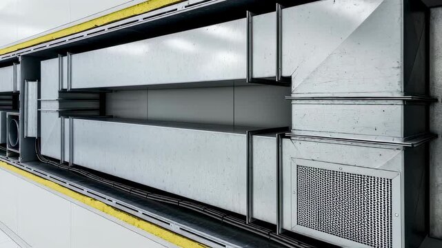 Crosssection of an aircraft paint booth wall showing embedded ventilation ducts designed to supply and exhaust air simultaneously.