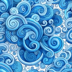 Blue seamless pattern with bold brush drawn spirals, swirls and thick doodle lines.