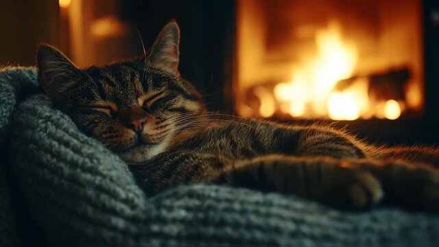 Relaxing Cozy Cat by Fireplace