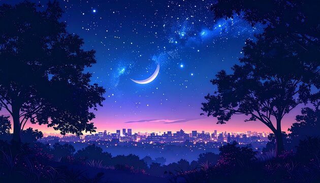 Nightscape Crescent moon glows over distant city skyline framed by trees in a serene, purplish environment
