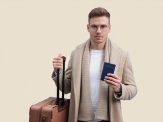 Confident Traveler: Stylish Man with Passport and Suitcase Ready for Adventure