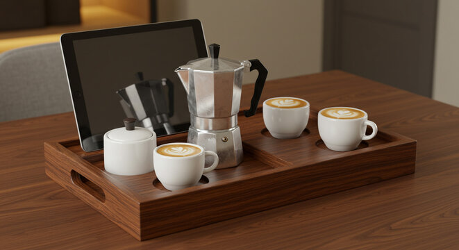 Enjoy a modern morning ritual with freshly brewed coffee and digital connection on a sleek wooden tray