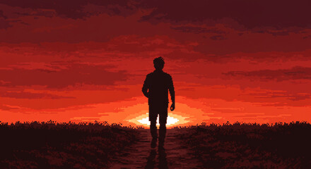Lone figure walks into vibrant pixelated sunset, evoking journey, hope, and new beginnings in digital art style