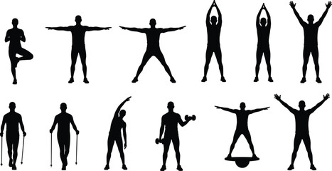 Fitness silhouette icons of people exercising, stretching, balancing, lifting weights, yoga poses, jump rope, wellness, physical therapy, workout routines