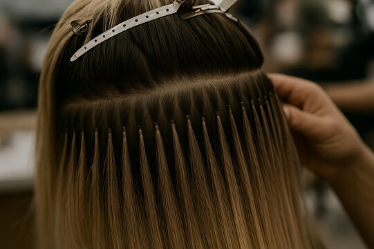 Professional hair extension in salon for long voluminous stylish hair