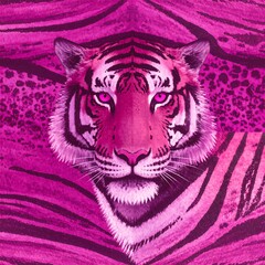 Pink tiger head on a vibrant pink animal print background