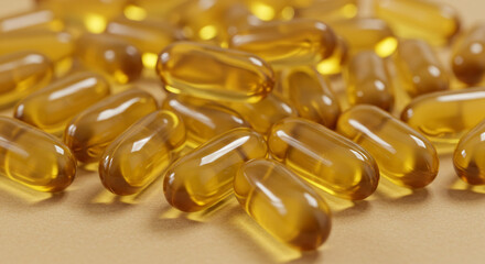 Golden omega-3 capsules shimmering with healthy glow, promoting wellness and vitality for a vibrant life