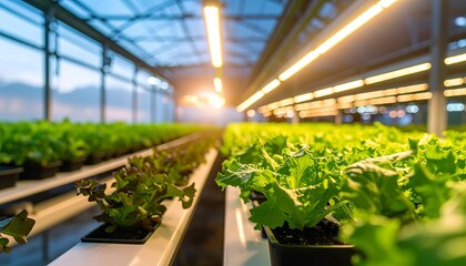 Rows of vibrant lettuce plants in a modern greenhouse