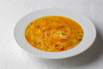 Chicken and vegetable noodle soup. Turkish name; tavuklu sebzeli sehriye corbasi