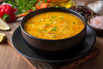 Chicken and vegetable noodle soup. Turkish name; tavuklu sebzeli sehriye corbasi
