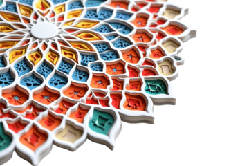 Colorful layered paper mandala artwork in orange, yellow, teal, and blue on a white background