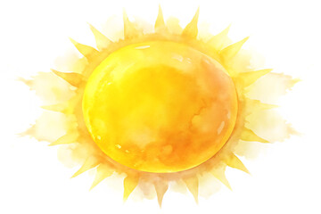 A radiant watercolor sun, glowing with intense yellow and orange hues, isolated on transparent background, capturing the essence of summers warmth and energy in a vibrant artwork