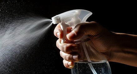 Hand spraying disinfectant against black background.