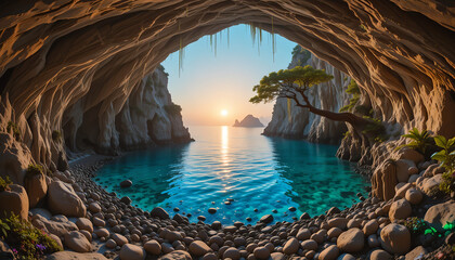 Wide Sea Cave with Turquoise Lagoon, Bioluminescent Flora, and Glowing Tree at Dawn