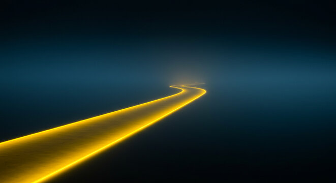 Vibrant neon yellow path curves through dark mysterious fog, guiding towards a bright distant light, symbolizing future opportunities. - Powered by Adobe