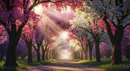 A sunlit avenue of blossoming trees in vibrant pink and white hues, bathed in golden sunlight, creates a serene and joyful springtime scene.
