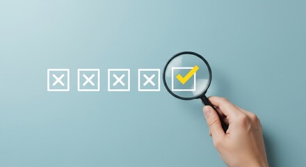 A hand holding a magnifying glass over a checklist, focusing on a single checked box, representing selection and completion