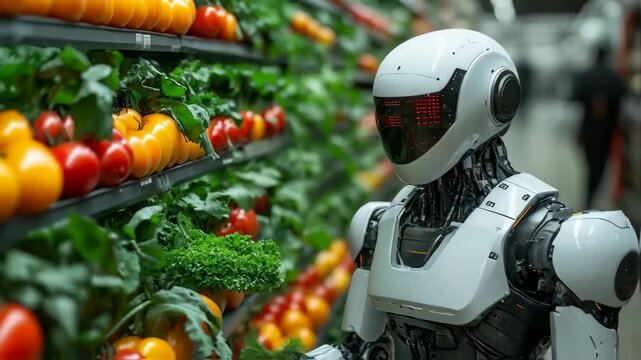 robot exploring fresh vegetables in grocery store