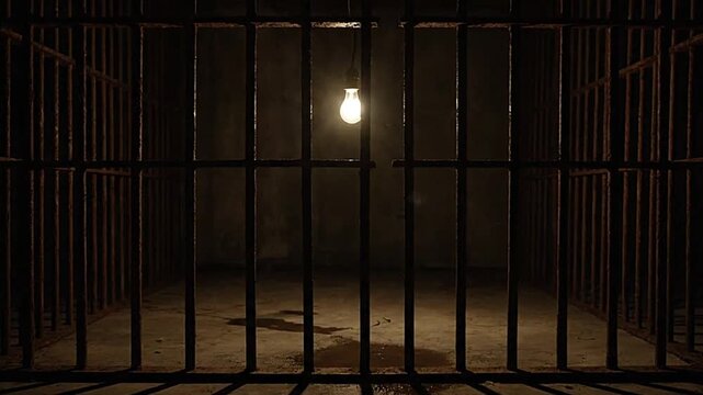 A jail cell is illuminated by a single lightbulb hanging from the ceiling casting shadows on the bars and floor