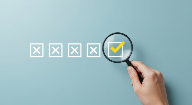 A hand holding a magnifying glass over a checklist, focusing on a single checked box, representing selection and completion