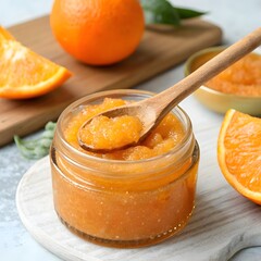 Close up of orange body scrub in glass jar with wooden spoon for skincare concept
