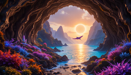 Otherworldly Grotto with Bioluminescent Flora, Iridescent Water, and Light-Winged Creature