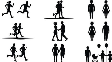 Silhouettes of Running Couples, Walking Couples, Family with Balloons and Baby Stroller, Outdoor Activity, Relationship, Fitness, Parenting Vector Illustration