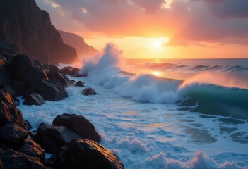 Obraz premium Powerful Beach Waves Crashing Against Jagged Rocky Shoreline Coastal Landscape Serenity