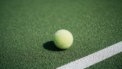 Tennis ball resting on a green tennis court with a white line, casting a shadow on the artificial grass.
