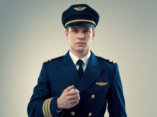 Portrait of a Confident Airline Pilot in Uniform Holding a Microphone - Aviation Professionalism