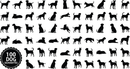 100 black dog silhouettes collection featuring various breeds, poses, and stances for design, decoration, pet art, and creative projects