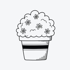Hand drawn sketch of a potted flower plant with small blooms