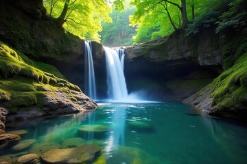 Serene waterfall cascading over mossy rocks into a crystal-clear pool, sunlight dappling the water's surface Perfect for relaxation and nature themes , scenic, serenity