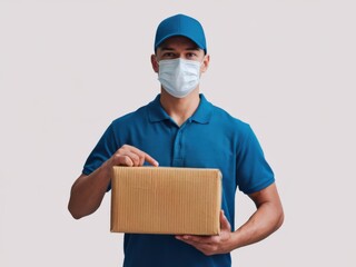 Delivery Man with Face Mask Holding Package - Safe Shipping During Pandemic