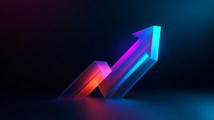Vibrant, futuristic holographic neon arrow rises against dark background, symbolizing growth and technology. glowing colors create dynamic and modern feel