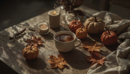 Cozy autumn scene with tea, pumpkins, and candles on a wooden table, basking in warm sunlight.