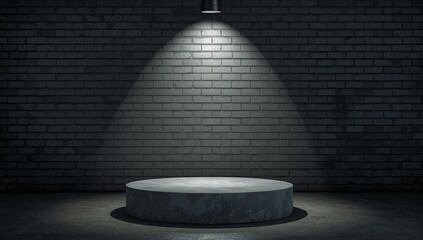 Obraz premium Concrete platform illuminated by a single spotlight in a dark room with a brick wall backdrop.