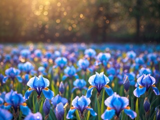 Serene Sunset Over a Vibrant Blue Iris Field