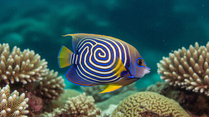 Vibrant Juvenile Emperor Angelfish with Blue and Yellow Spiral Stripes
