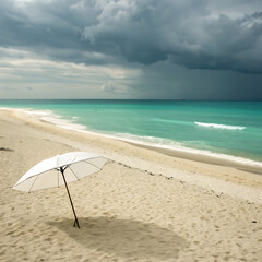 A solitary white beach umbrella stands on a sandy shore with turquoise ocean waves under a dramatic stormy sky with dark clouds gathering