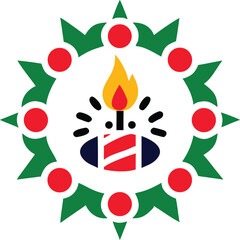 Fototapeta premium Simple festive emblem with holiday wreath and lit candle against a white background