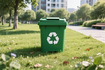 A vibrant green recycling bin sits on the grass in an urban park, promoting ecofriendliness and sustainability