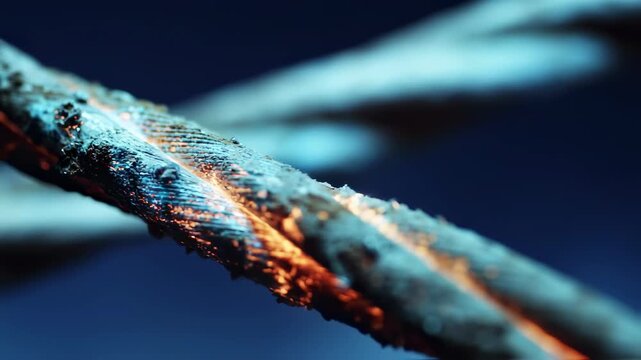 Focused medium shot of a corona anomaly visualized on a high voltage cable via UV imaging emphasizing glowing electrical leakage with the background power grid subtly out of focus.