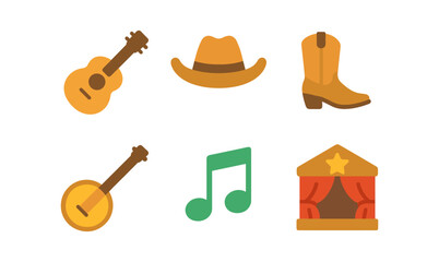 Country music festival icons featuring guitar, cowboy hat, boots, and stage