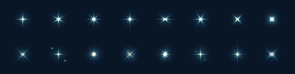 Set of Blue stars on a runway stage, glowing spotlights with focused lighting and realistic lens flare from lamps. Vector PNG design. Light effect. Sparkle. Christmas